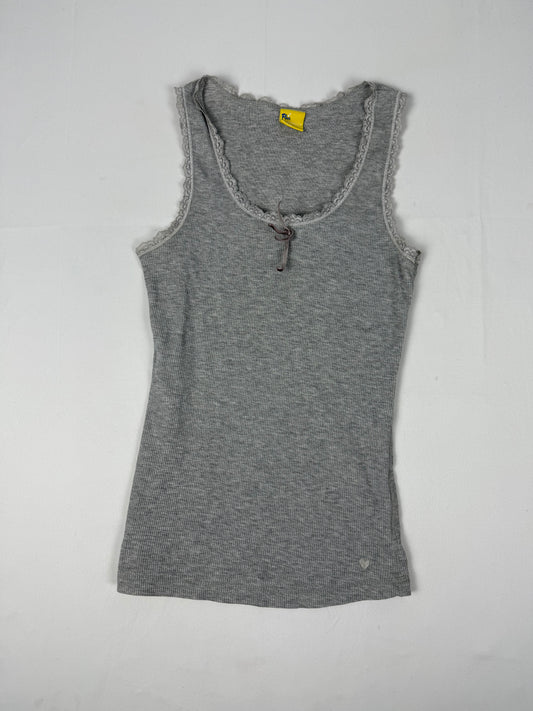 Grey lace neck tight fit cotton tank top (S)