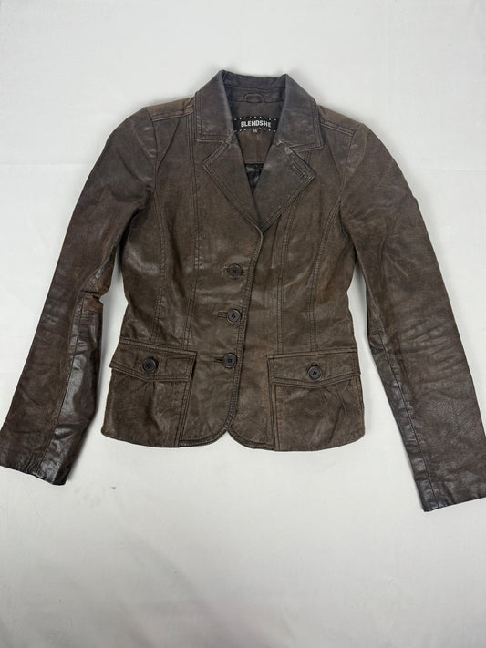 Brown real leather tight fit jacket (XS)