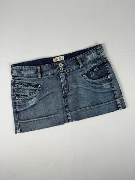 Blue low rise denim mini skirt (L)