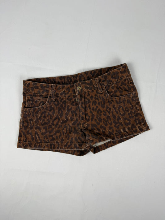 Brown animal print low rise denim mini short (XS)