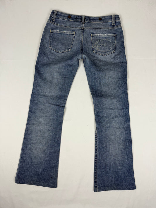 Blue denim rhinestones logo low rise flare pants (S)