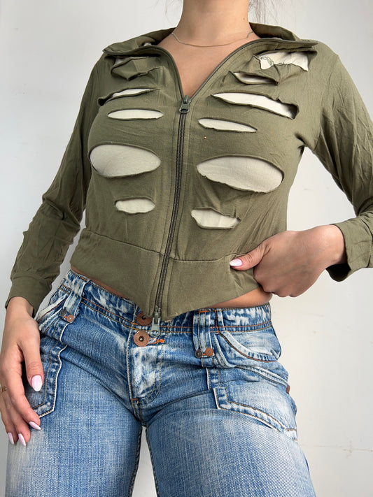Khaki zip up long sleeves top (M)