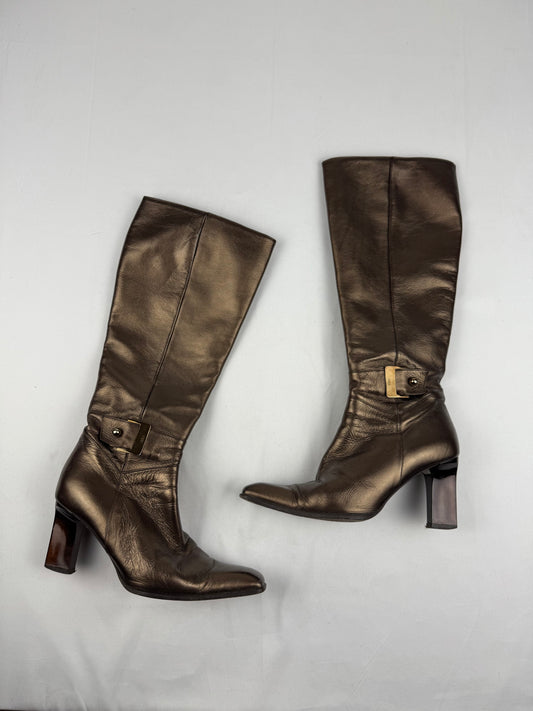 Brown gold real leather knee high boots (37)