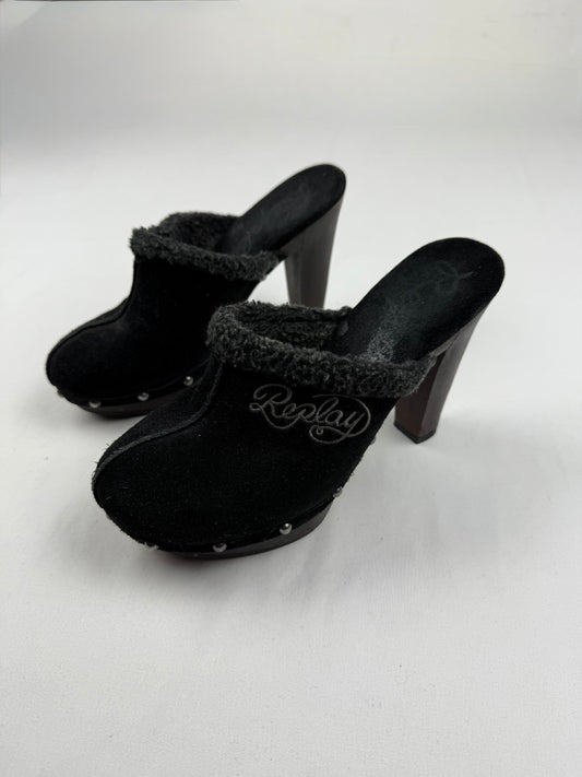 Black inside fleece suede leather heels mules (36)