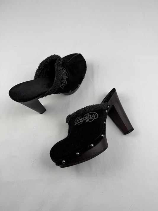 Black inside fleece suede leather heels mules (36)