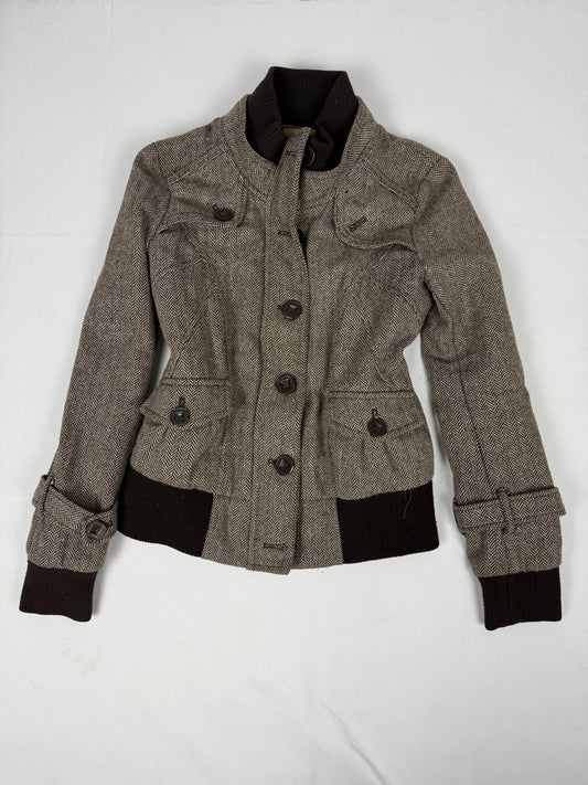 Brown check print biker jacket (M)