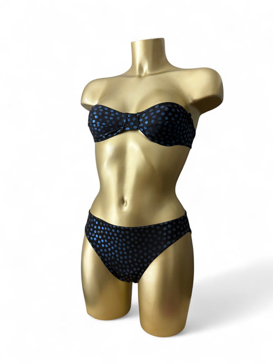 Black glitters blue polka dots low waisted bikini set (XS)