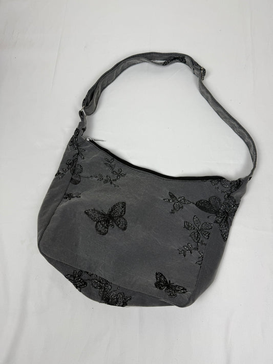 Grey butterflies print besace shoulder bag (38x24cm)