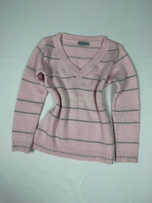Baby pink striped V neck wool jumper (XS)