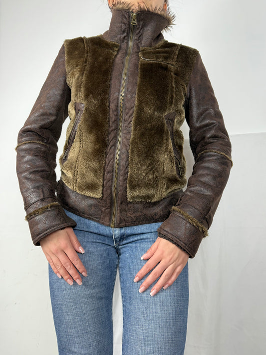 Brown & khaki faux fur suede biker jacket (M)