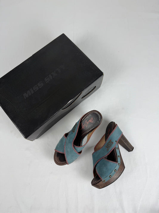 Blue suede leather clogs mules heels (36)