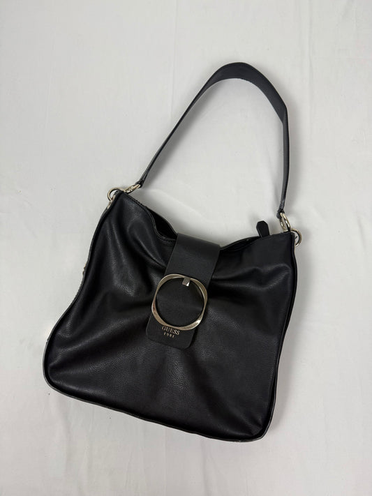 Black pvc leather gold buckle besace shoulder bag (30x32cm)