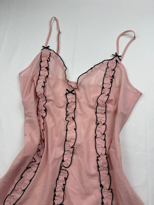 Baby pink mesh lettuce hem babydoll mini dress (XL)