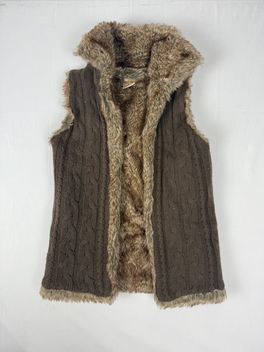 Khaki faux fur knitted sleeveless jacket (S)