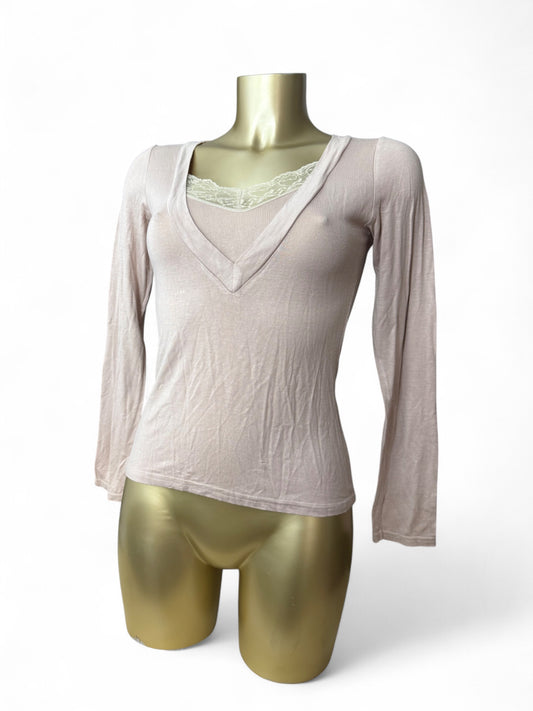 Beige tight fit lace neck long sleeves top (S)