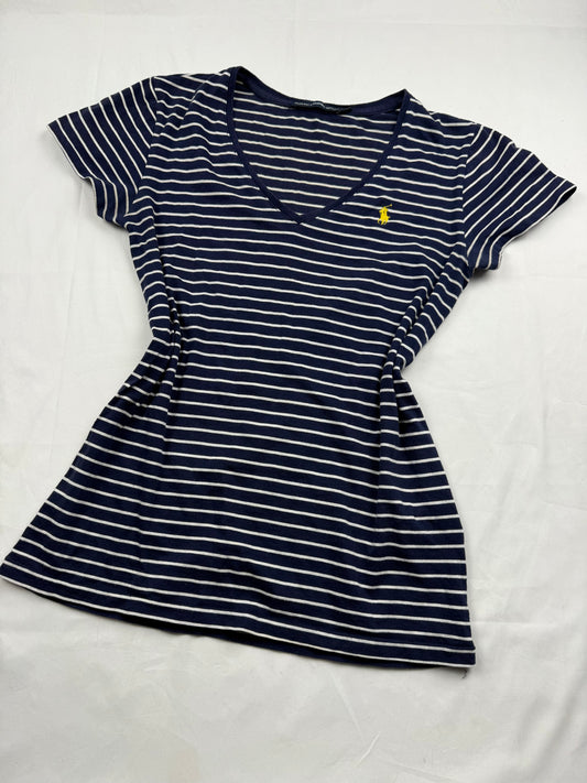 Navy striped cotton V neck tight fit tee (S)
