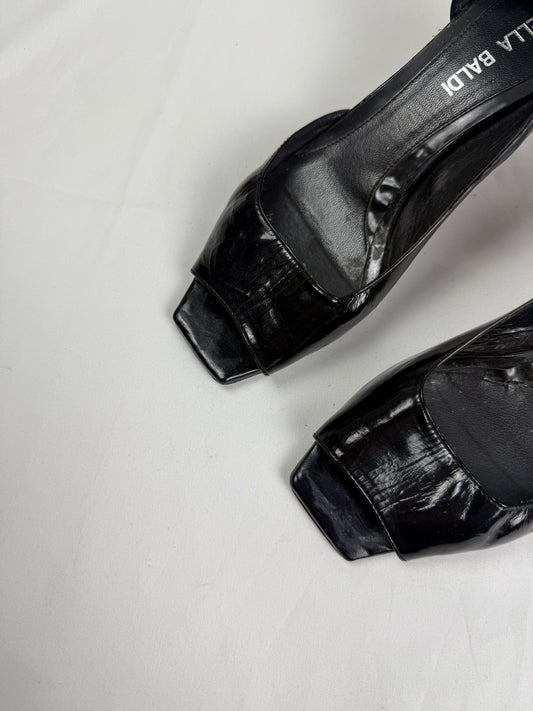 Black real leather open toes square heels (36)