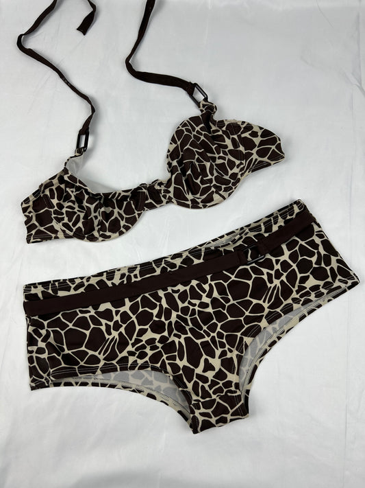 Brown animal print low rise bikini set (XL)