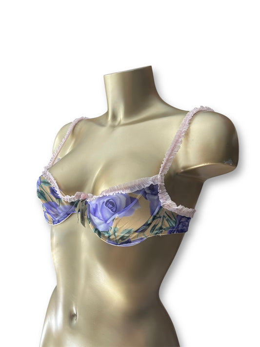 Purple floral mesh balcony vintage bra (100B)