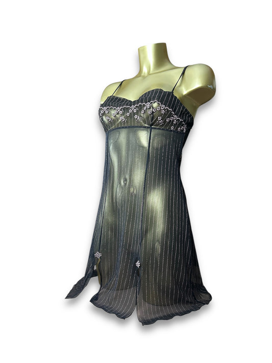 Black embroidered see trough babydoll mini dress (M)