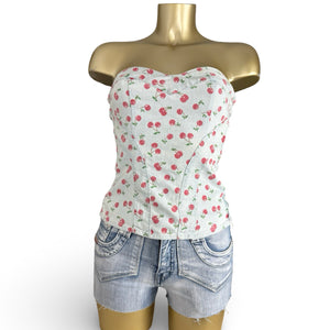Baby blue cherry print denim corset top (S)