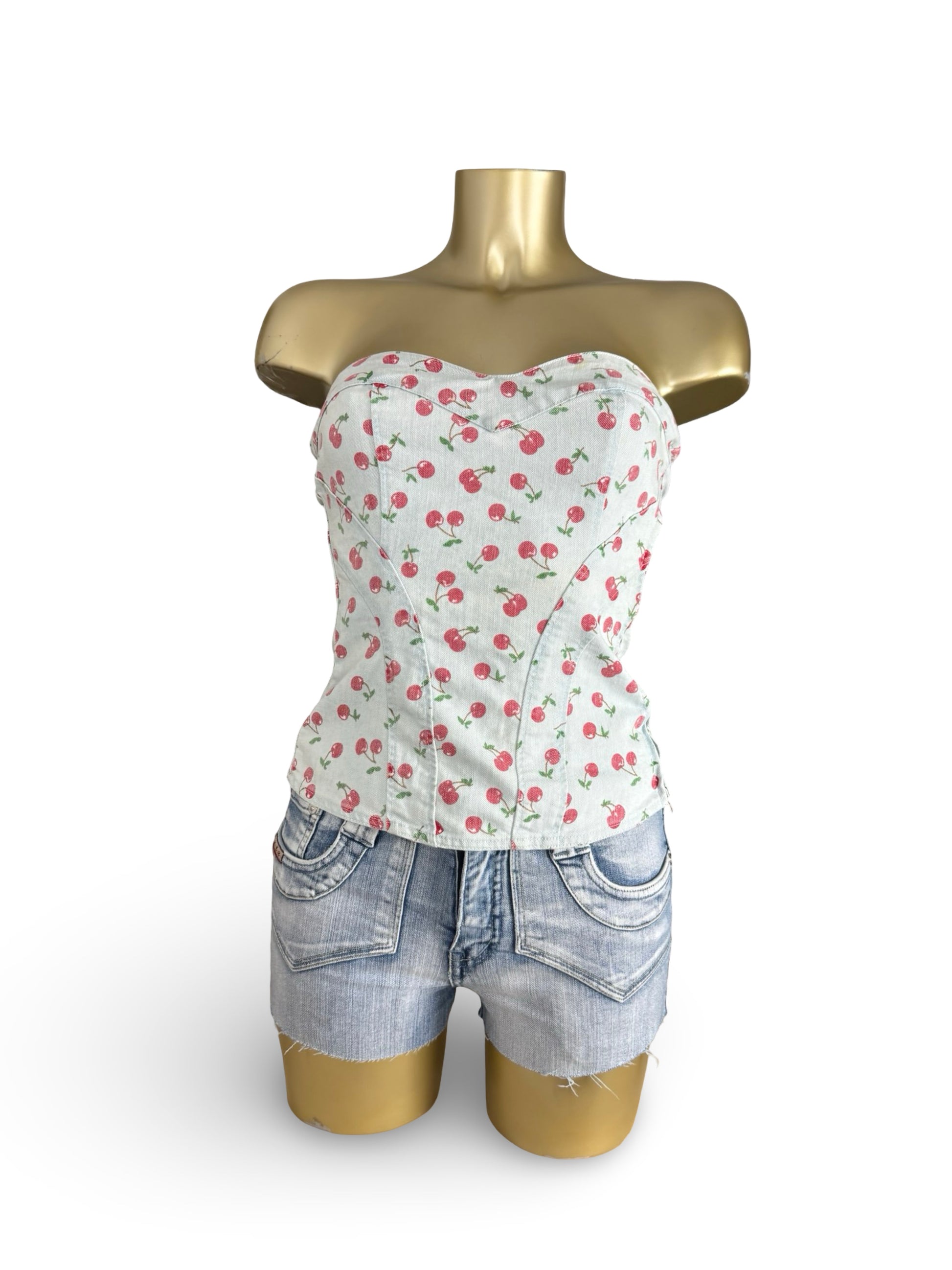 Baby blue cherry print denim corset top (S)
