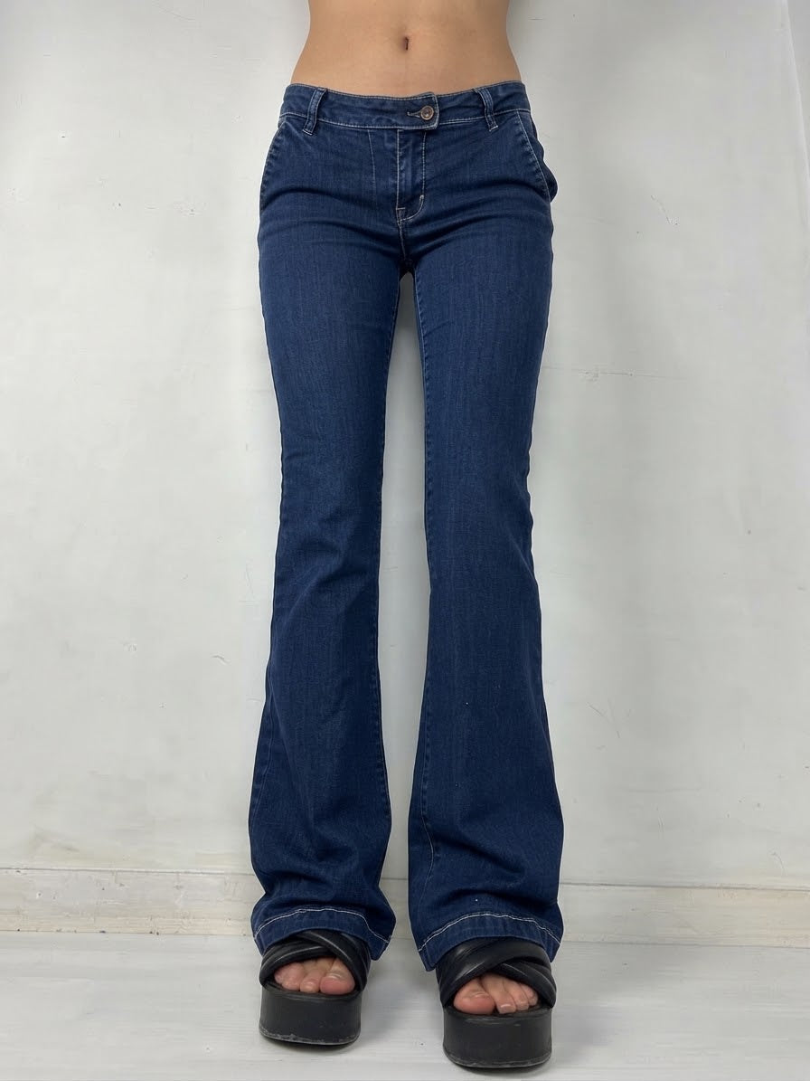 Blue denim stretchy low waist flare pants (XS/S)