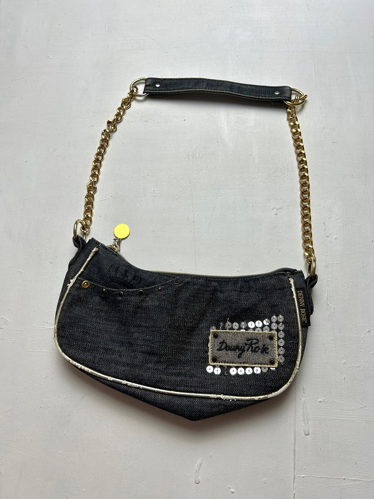 Black denim strass chain shoulder bag