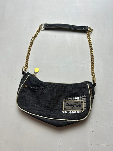 Black denim strass chain shoulder bag