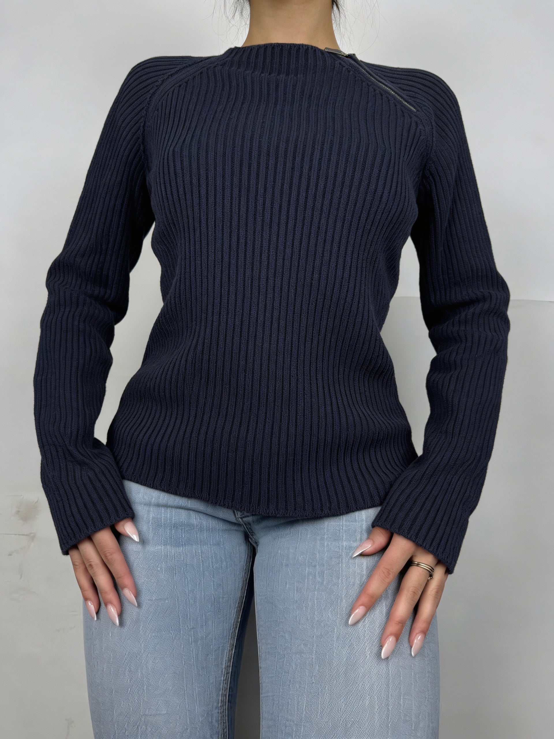 Navy ribbed zip up jumper (L)