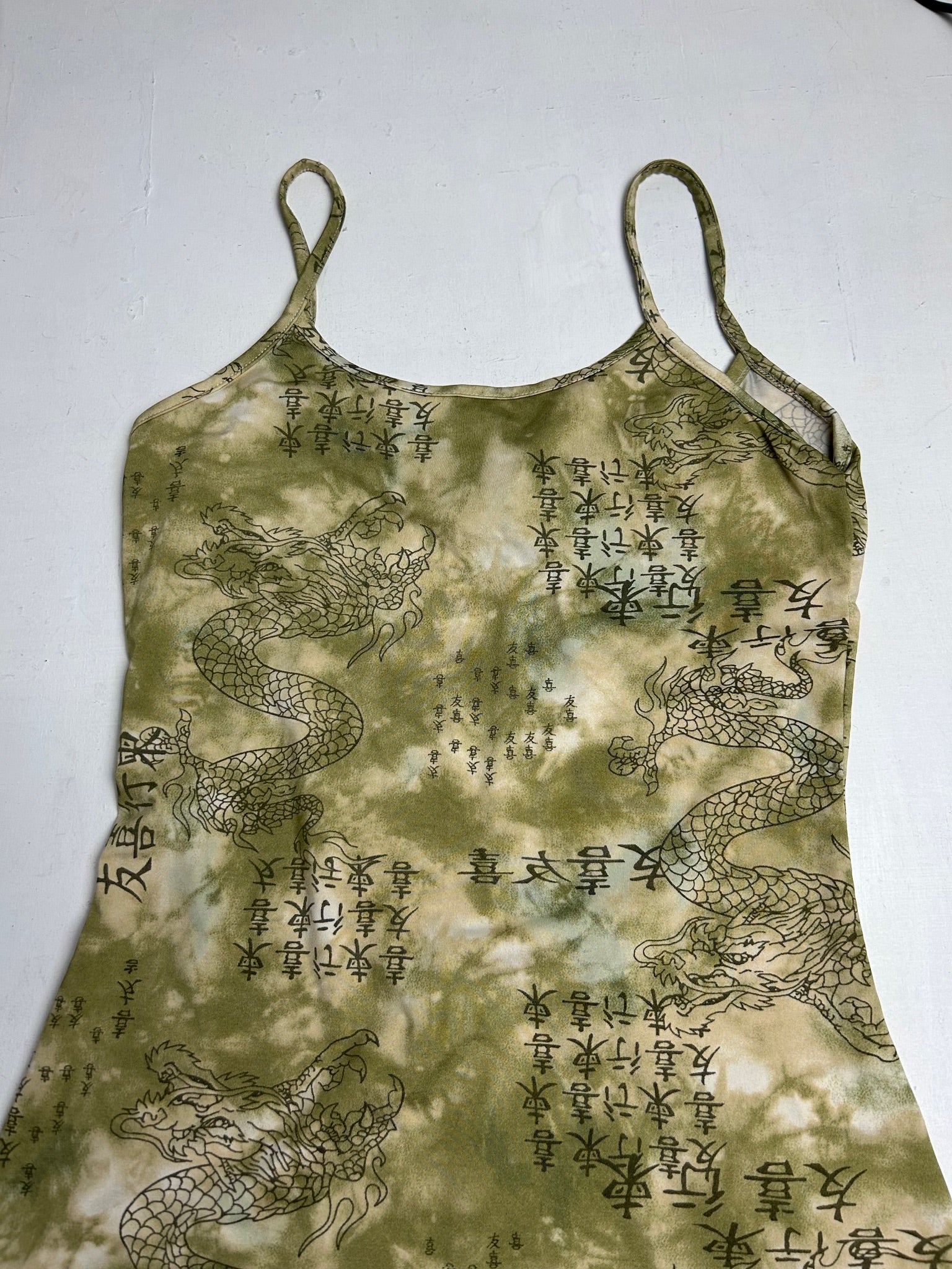 Green stretchy Chinese graphic print Y2K vintage mini dress (S/M)