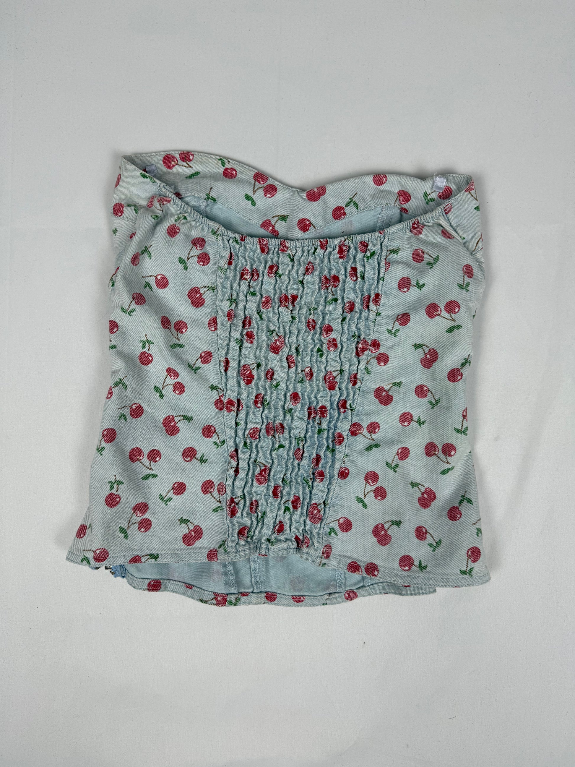 Baby blue cherry print denim corset top (S)