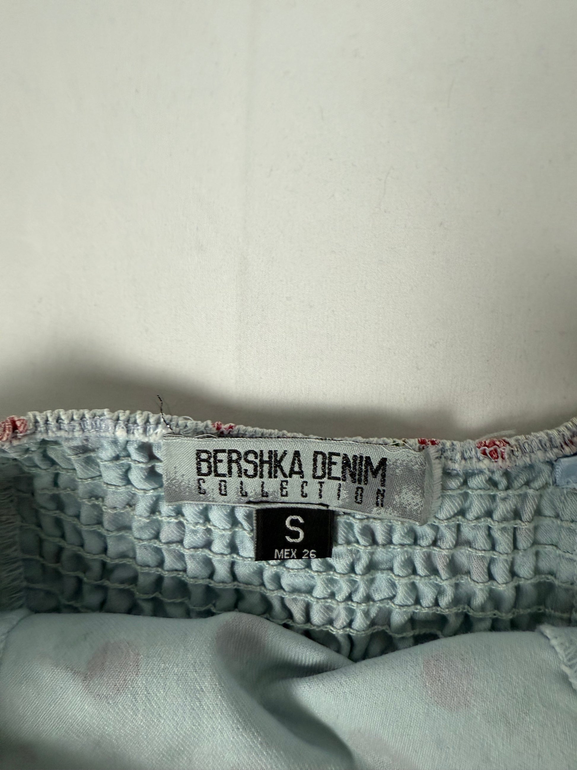 Baby blue cherry print denim corset top (S)