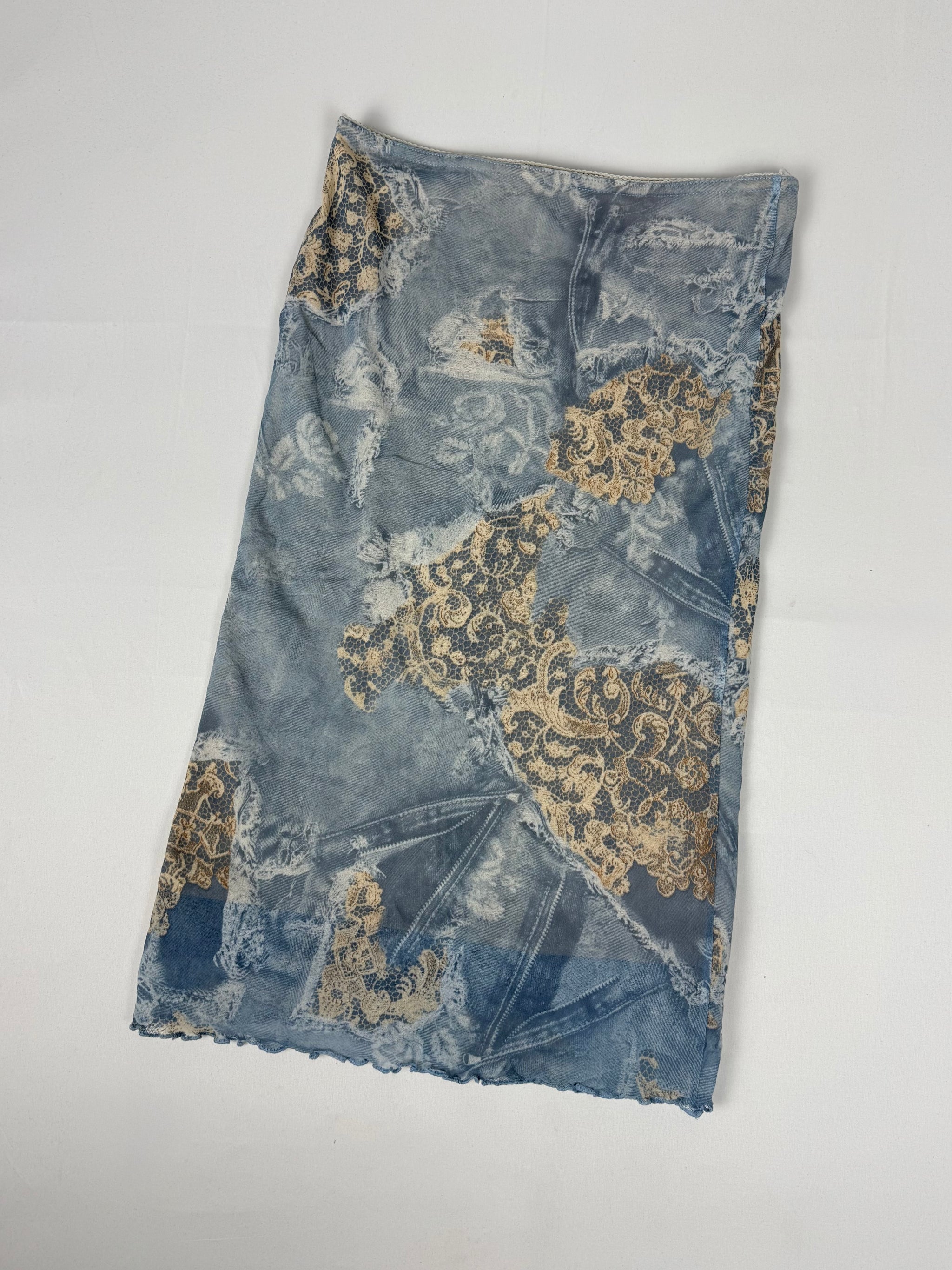 Blue graphic mesh lined low rise maxi skirt (S/M)
