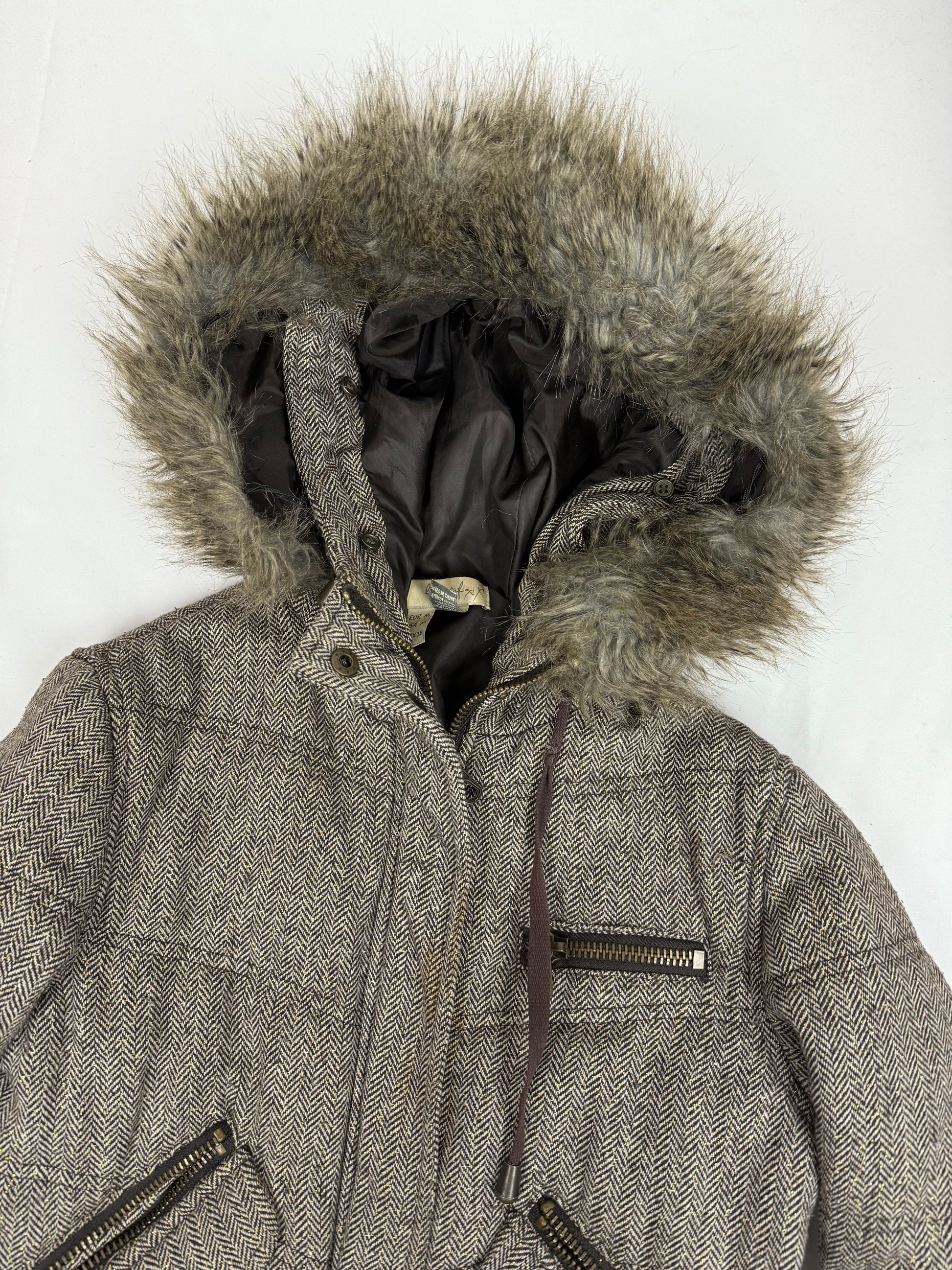 Beige hooded faux fur & wool puffer jacket (S)