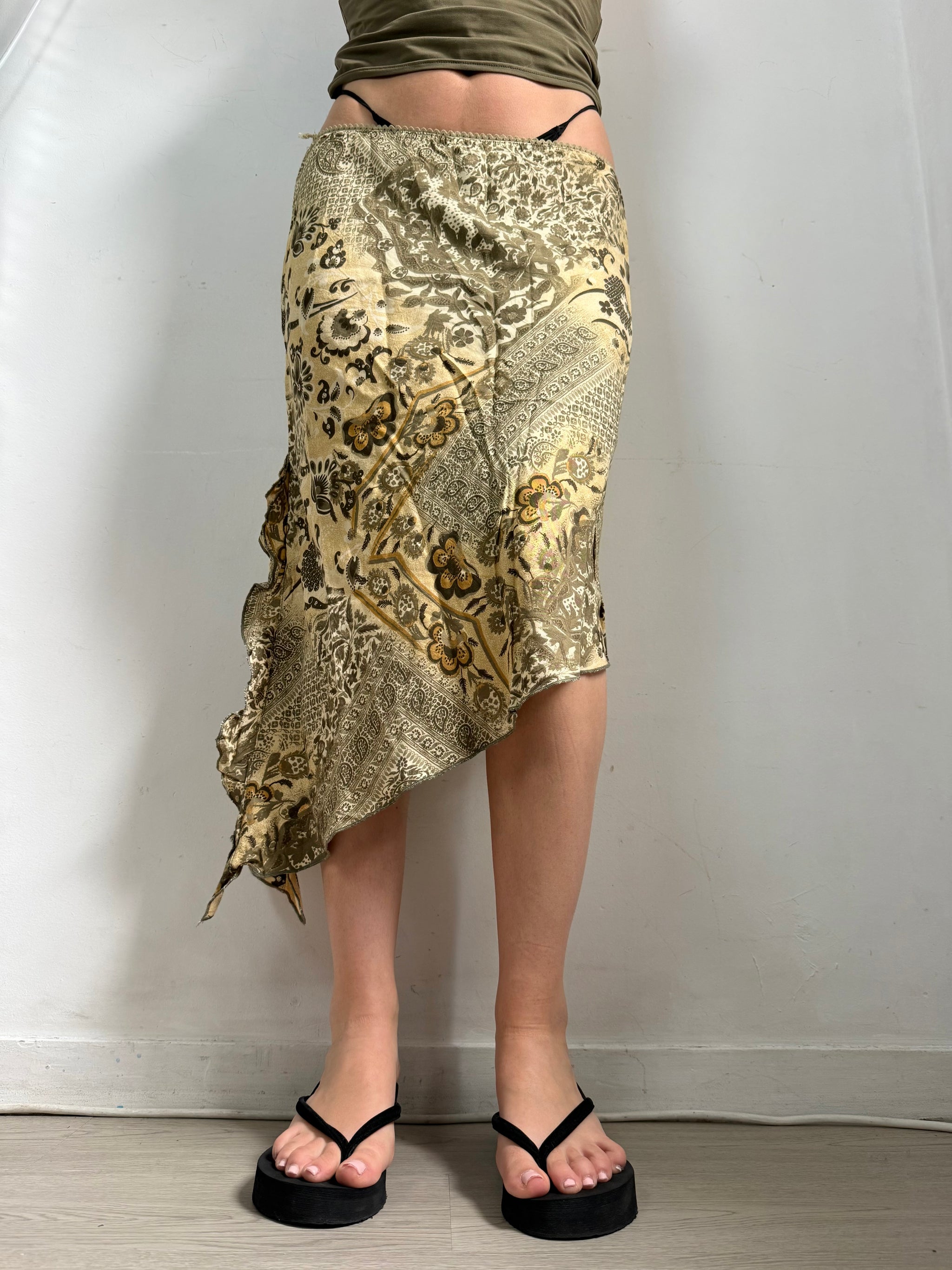 Khaki cotton low rise asymmetric maxi skirt (S/M)