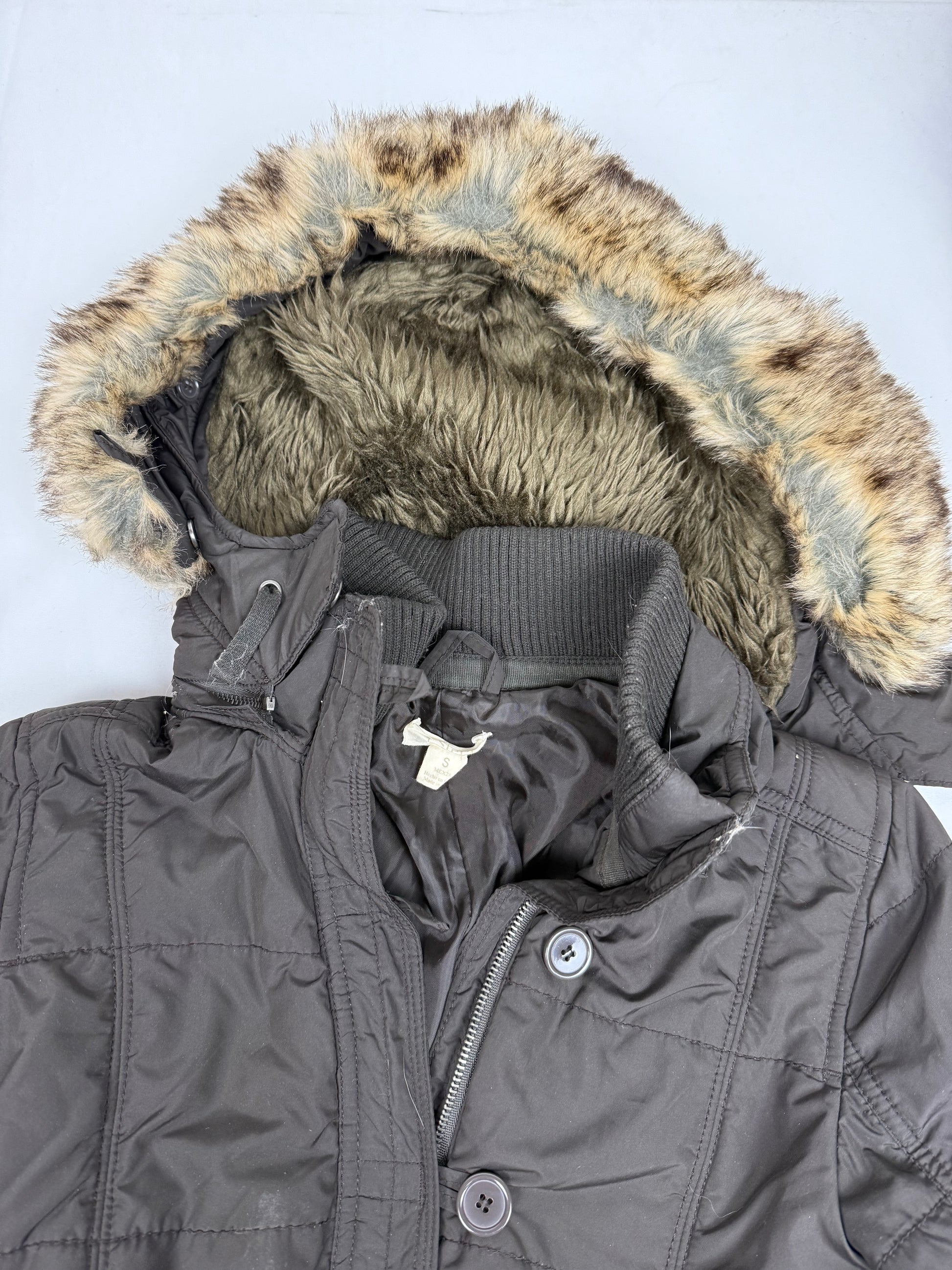 Brown hooded faux fur puffer jacket (S)