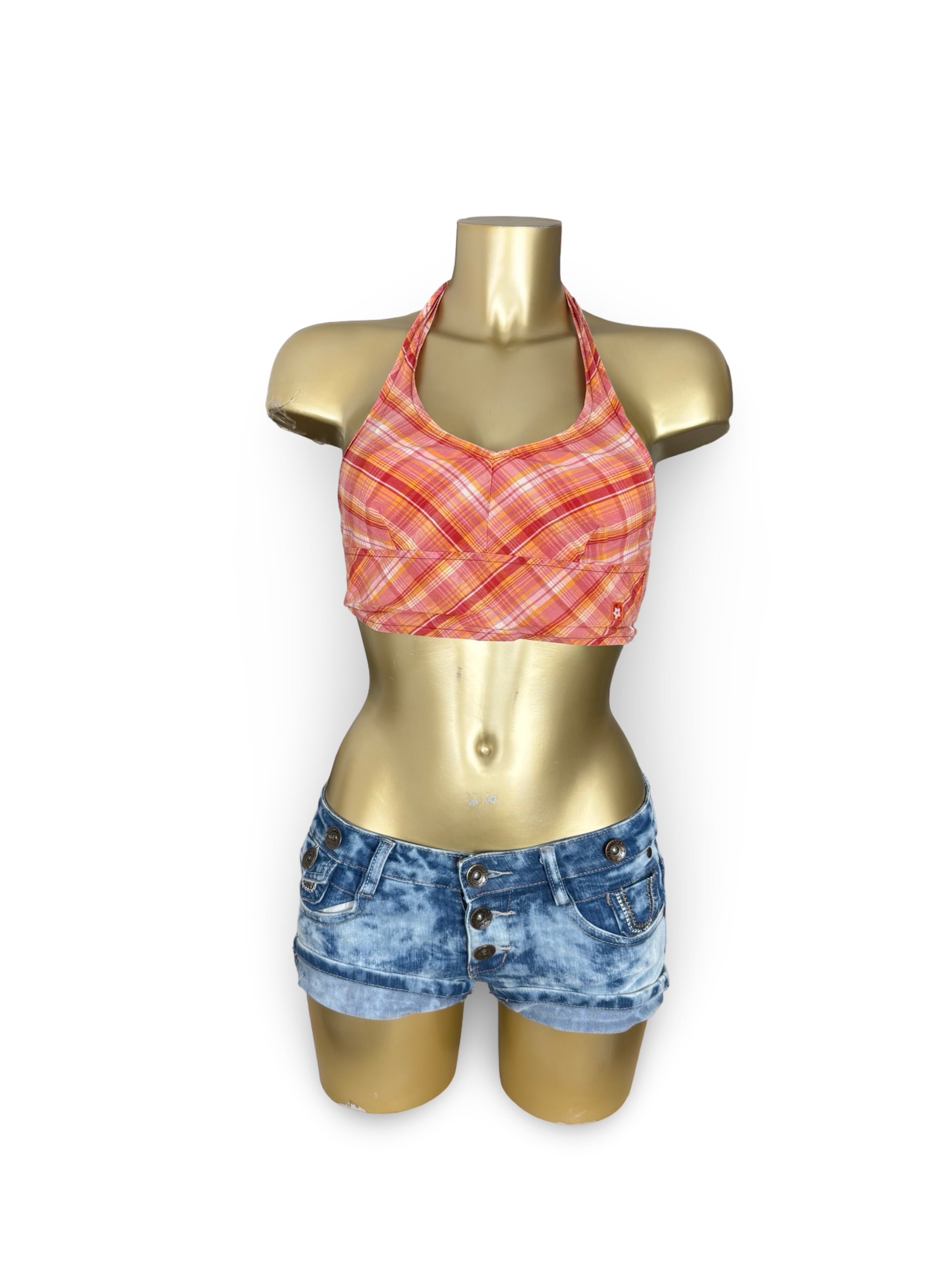 Orange check print halter top (XS)