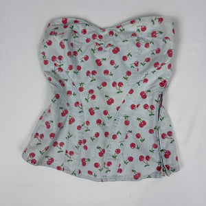 Baby blue cherry print denim corset top (S)