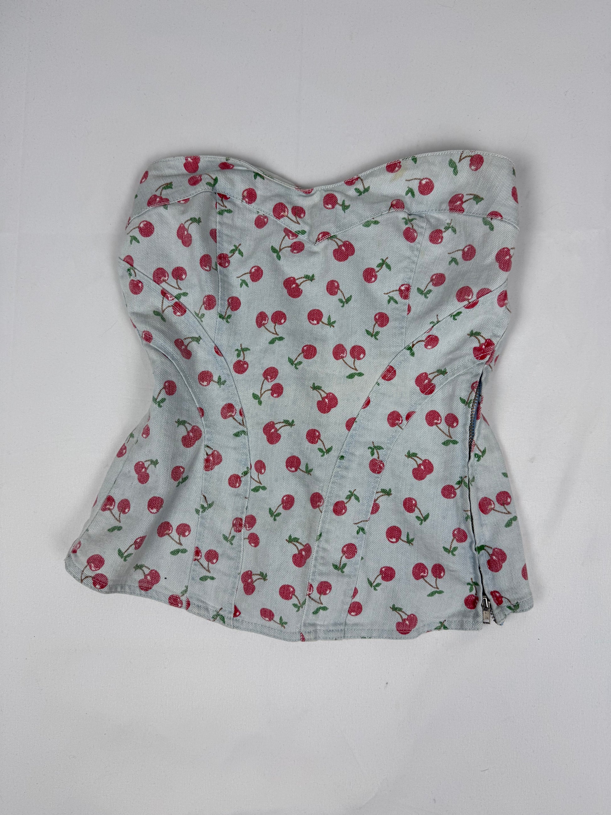 Baby blue cherry print denim corset top (S)