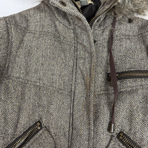 Beige hooded faux fur & wool puffer jacket (S)