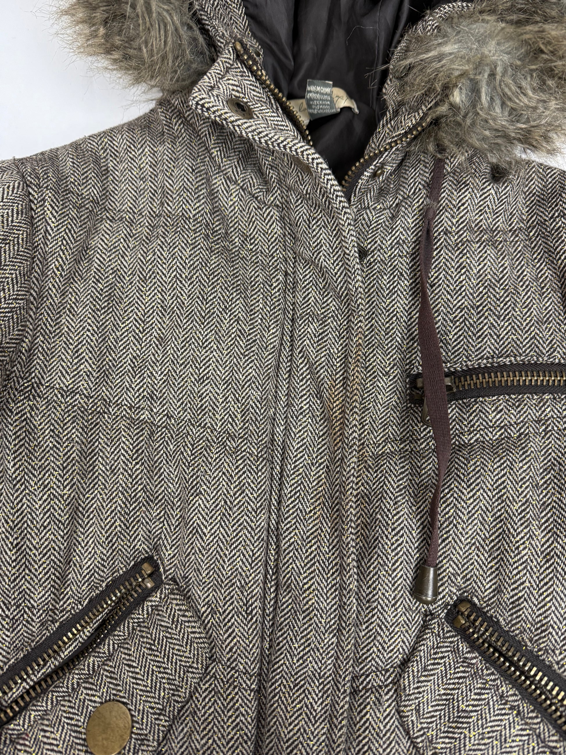 Beige hooded faux fur & wool puffer jacket (S)