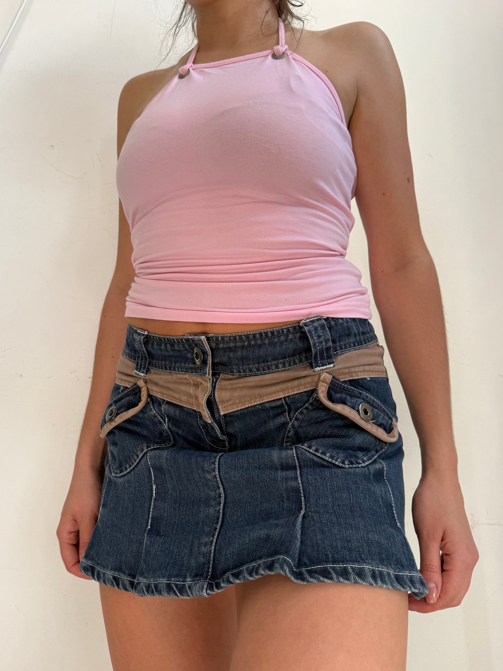 Blue denim low rise pleated mini skirt (XS)