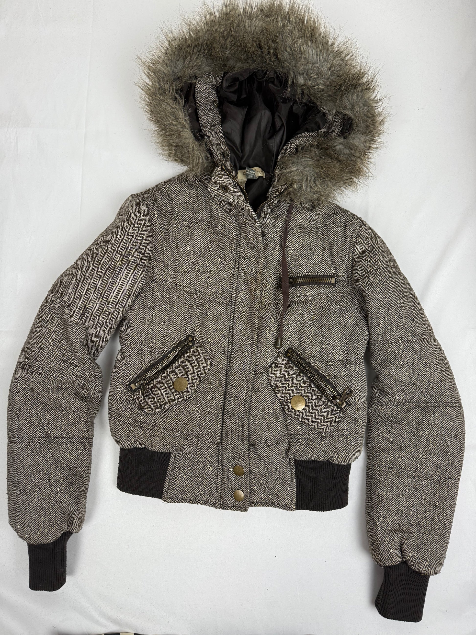 Beige hooded faux fur & wool puffer jacket (S)