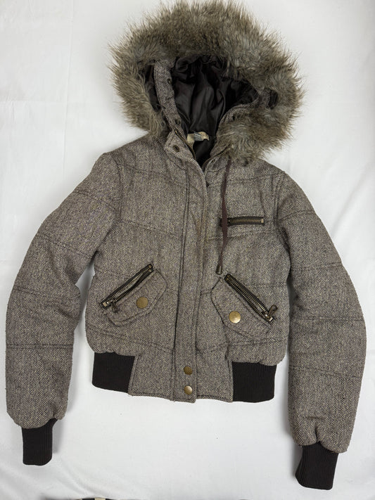 Beige hooded faux fur & wool puffer jacket (S)