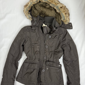 Brown hooded faux fur puffer jacket (S)