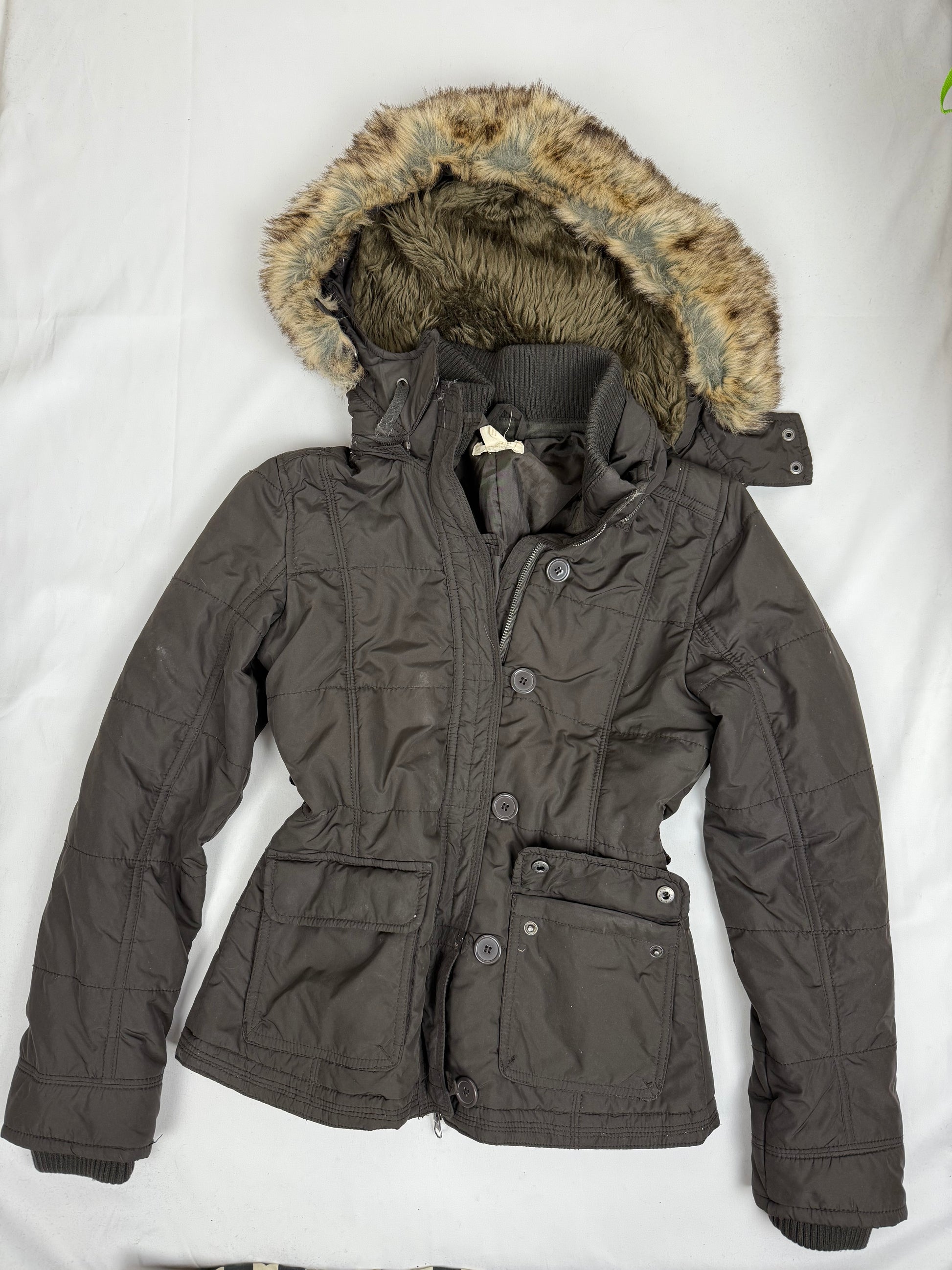 Brown hooded faux fur puffer jacket (S)