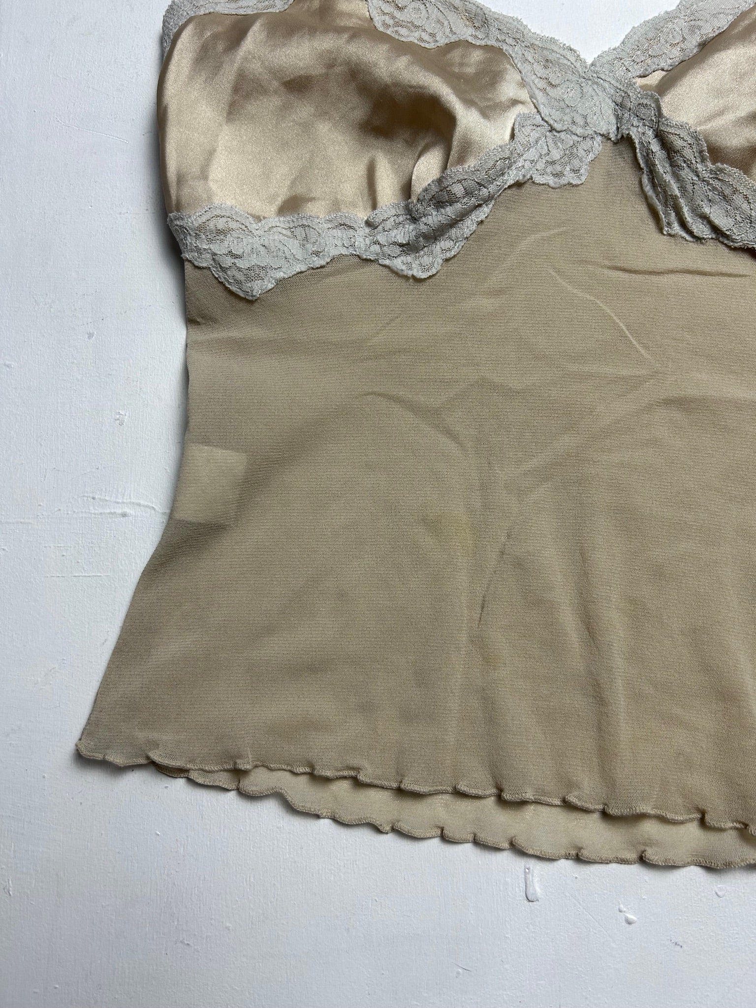 Beige camel mesh & silk effect cami top (S)