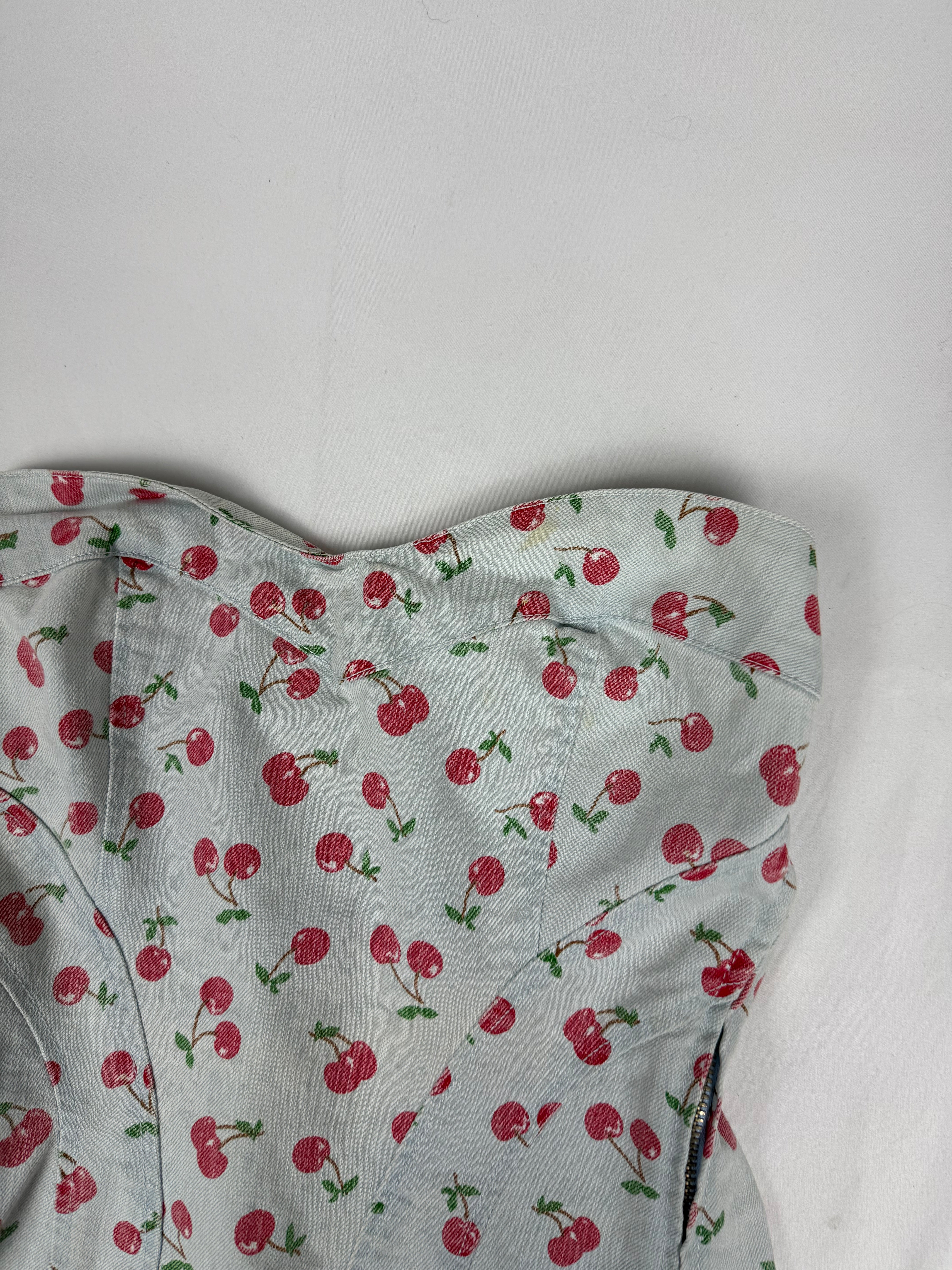 Baby blue cherry print denim corset top (S)