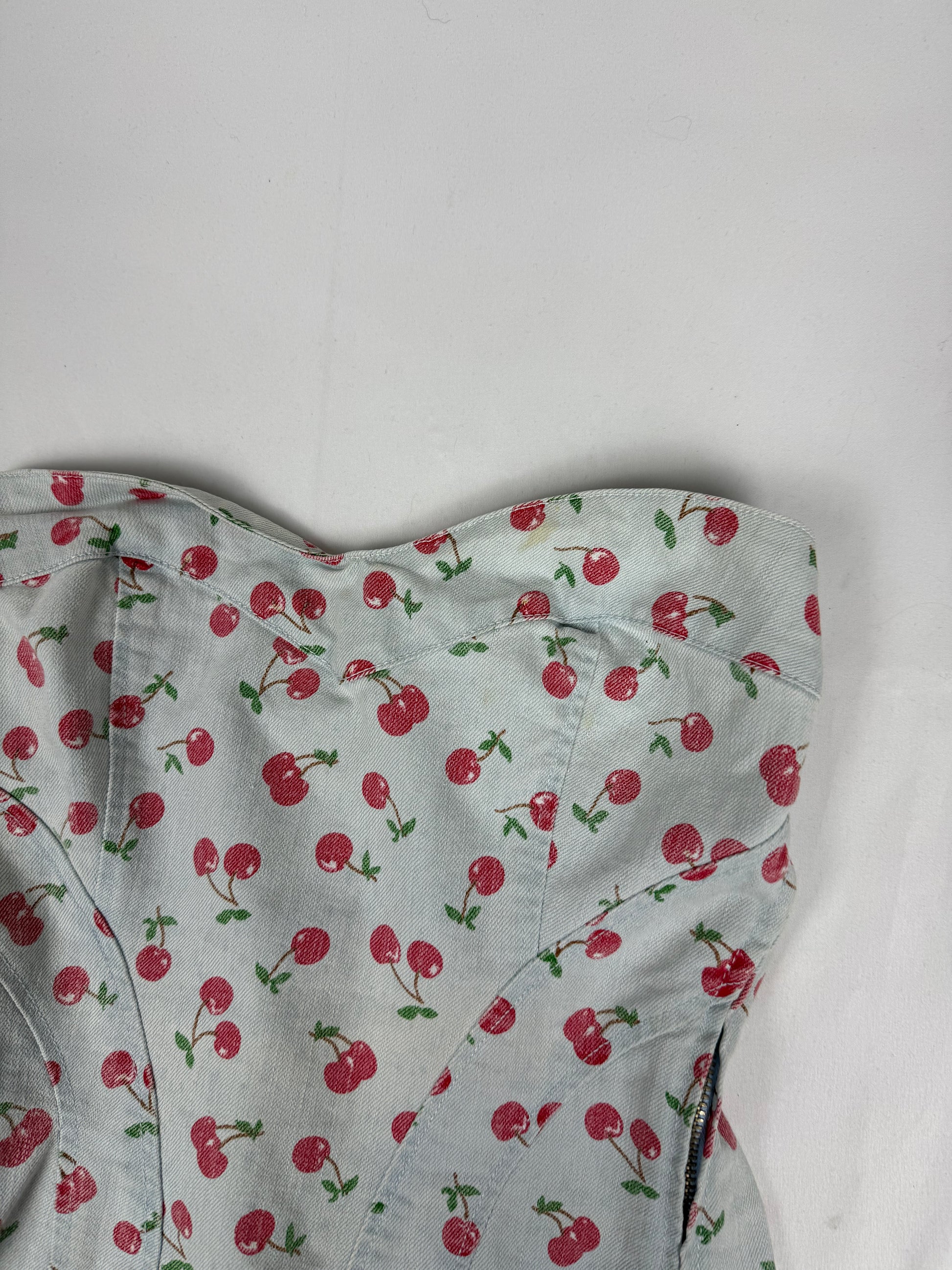 Baby blue cherry print denim corset top (S)